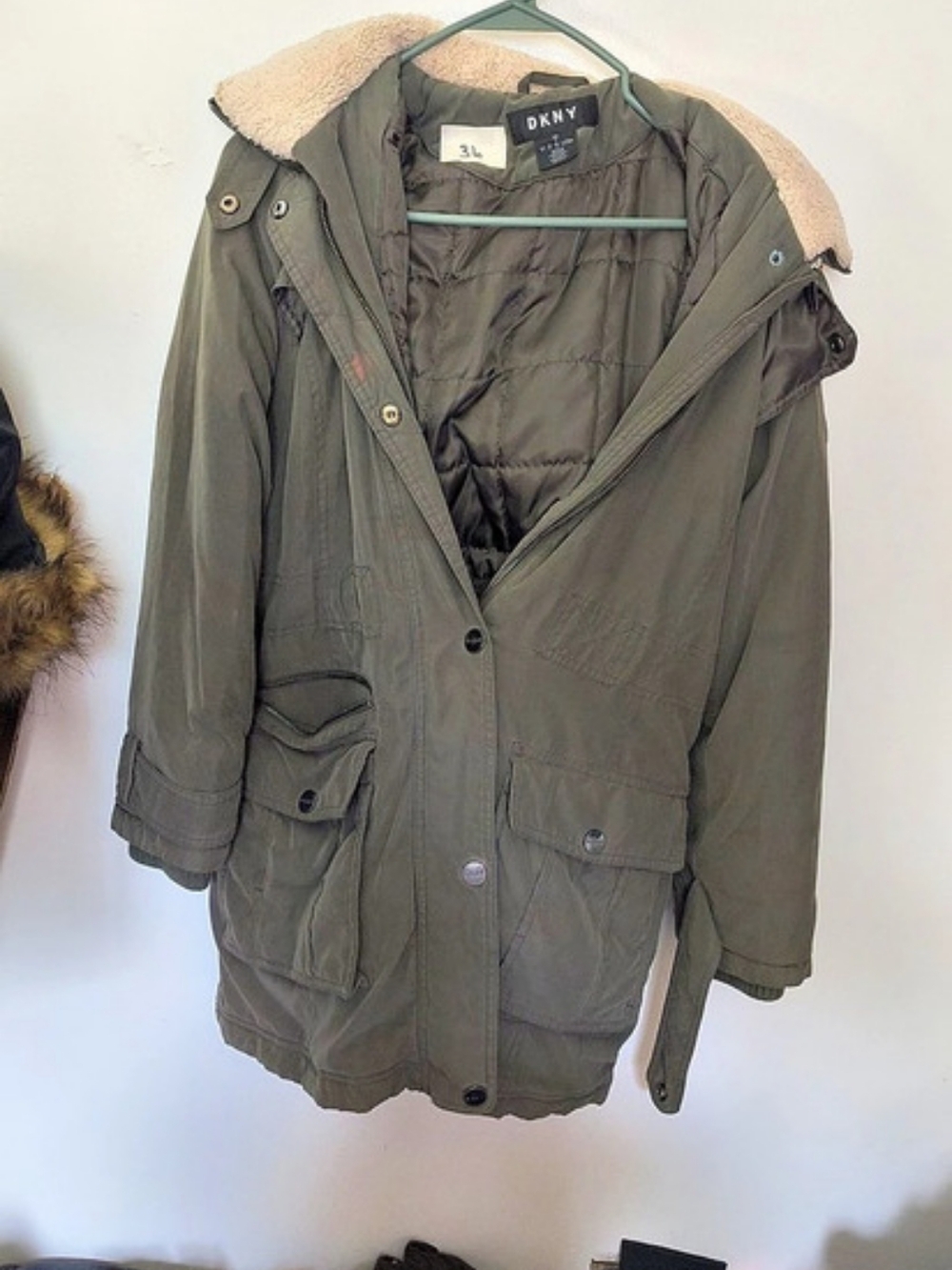 DKNY Hooded Puffer Coat in Green & Brown Size Medium